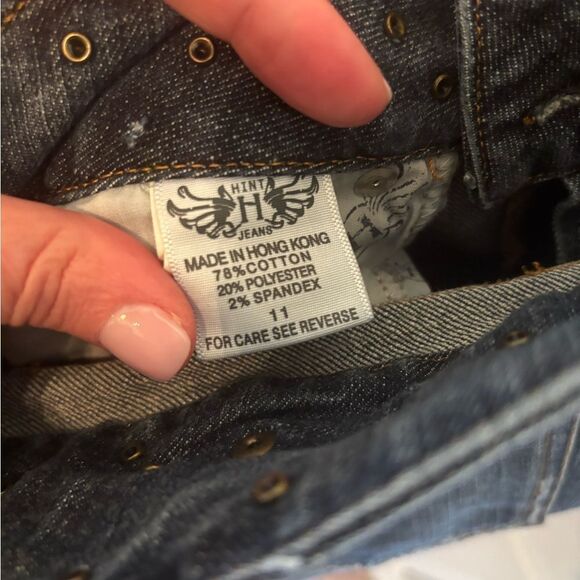 HINT Blue Flare Wide Leg Jeans with Faded Wash and bedazzling at waist - Picture 7 of 7